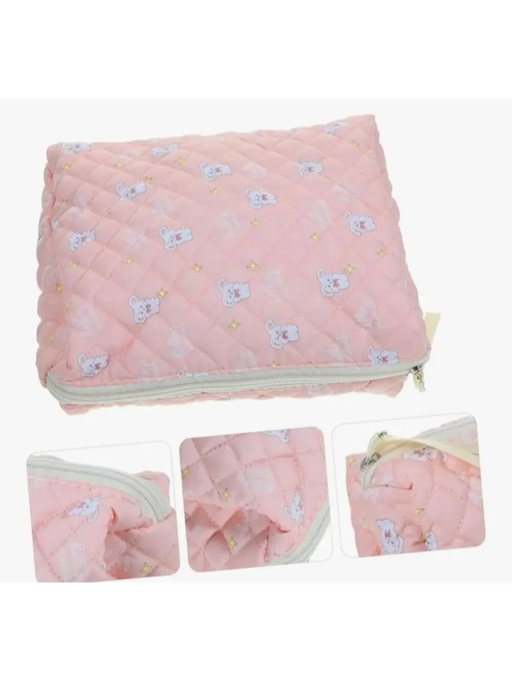 Quilted Kawaii Pink Rabbit Makeup Bag Soft Cute Toiletry Cosmetic Travel Pouch